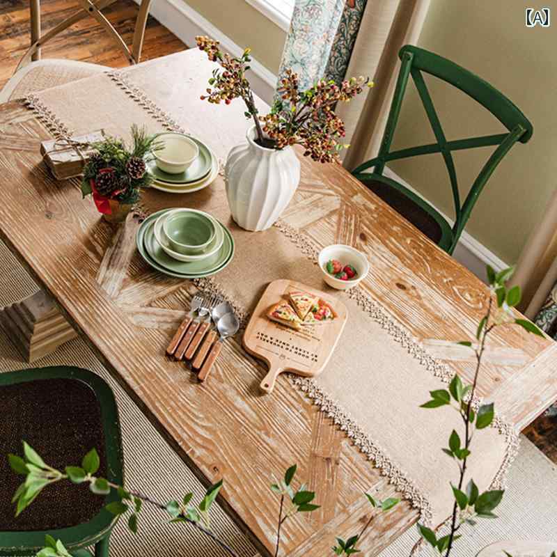テーブルランナー おしゃれ インテリア 蔓柄 ヴィンテージ風 綿麻 黄麻 タッセル 編み込み 洋風 撮影 装飾 パーティー 雑貨 北欧風