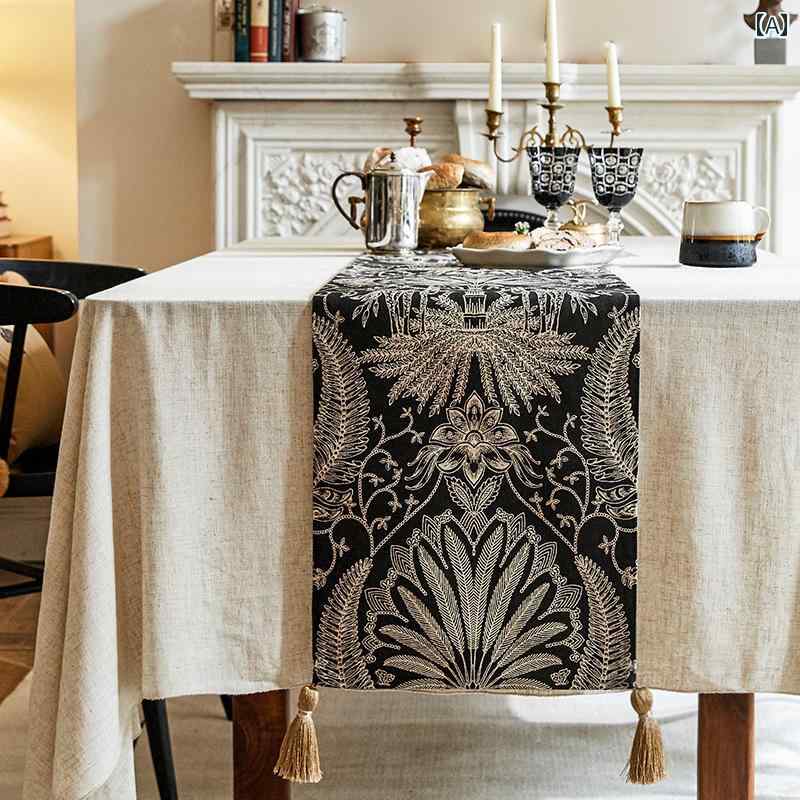 テーブルランナー おしゃれ インテリア 黒 フリンジ 蜀繍 風 鹿 模様 軽やか テーブルクロス ベッドランナー カバー