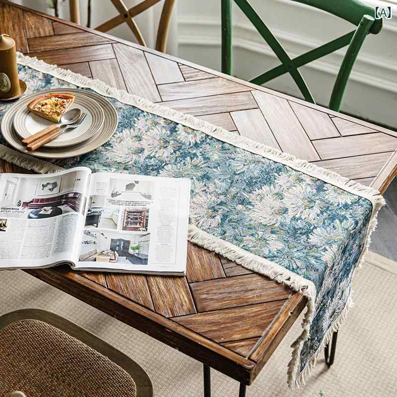 テーブルランナー おしゃれ インテリア ヴィンテージ風 油絵風 花柄 綿麻 編み込み タッセル 飾り 装飾 洋風 食卓 撮影 背景布