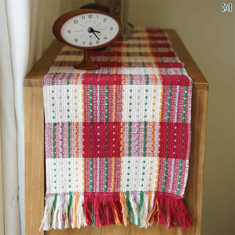 Table Runners - テーブルランナー おしゃれ インテリア レッド ホワイト チェック柄 フリンジ レトロ ロング 卓上 装飾 クリスマス 茶席 パーティー 撮影小物