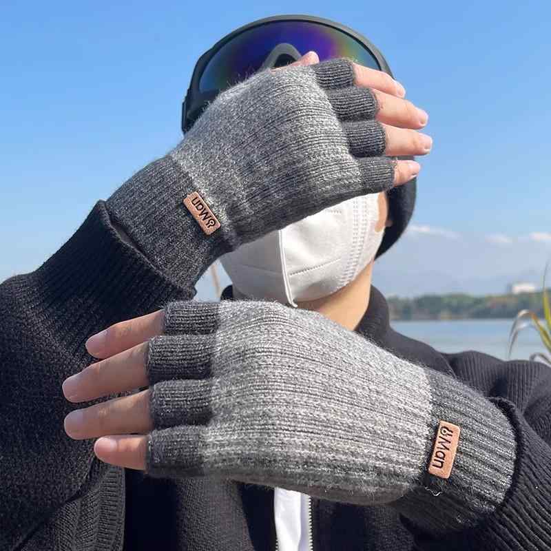 手袋 メンズ おしゃれ 指なし グレー ブラウン 冬 厚手 ニット 指 針編み 防寒 通学 通勤 スマホ