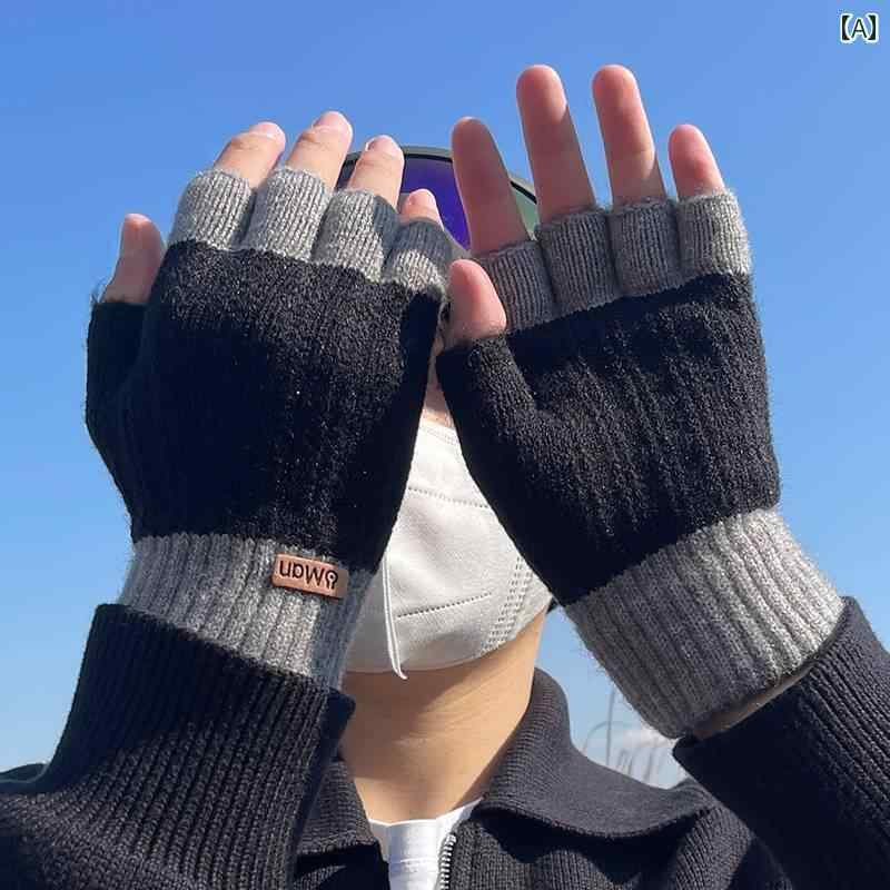 手袋 メンズ おしゃれ 指なし グレー ブラウン 冬 厚手 ニット 指 針編み 防寒 通...