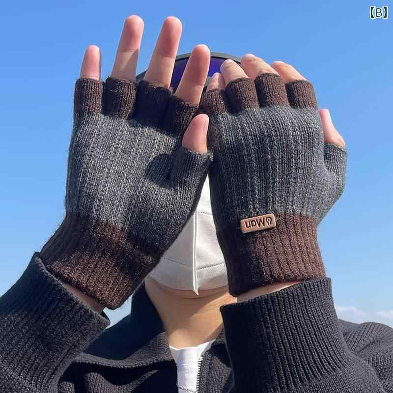 手袋 メンズ おしゃれ 指なし グレー ブラウン 冬 厚手 ニット 指 針編み 防寒 通...