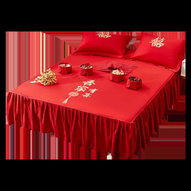 ベッドカバー おしゃれ 柔らかい 新婚 コットン ウェディング 赤 滑りにくい 枕 3点 セット 漢字 チャイナ風 ハート プリーツ 刺繍 お祝い ギフト