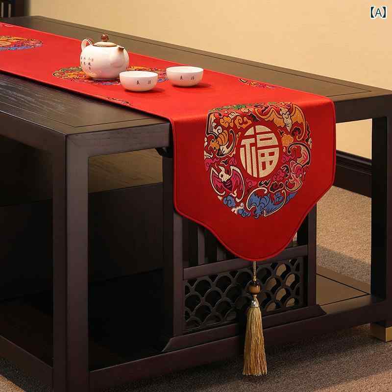 テーブルランナーおしゃれ 柔らかい 中国 フラッグ 禅 ロング クロス マット ベッド タッセル 刺繍 漢..
