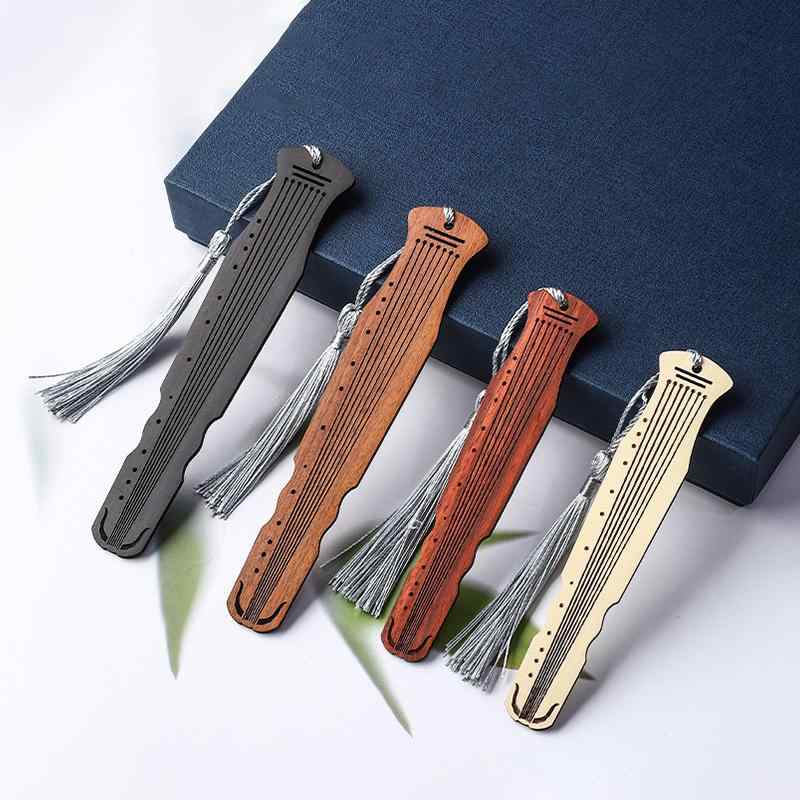 しおり 木製 おしゃれ セットアップ 琴 楽器 ブックマーク チャイナ風 黒檀 お祝い ギフト タッセル 紐 装飾 学校 おうち時間 読書 木目 茶色