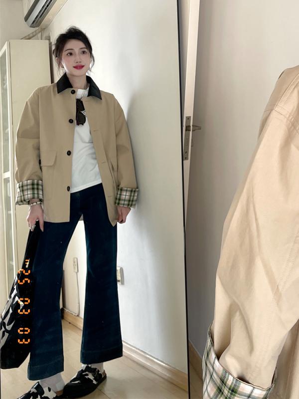 ジャケット レディース おしゃれ 大人 カーキ ショート丈 春 ゆったり きれいめ カジュアル 格子柄 チェック チェック 配色