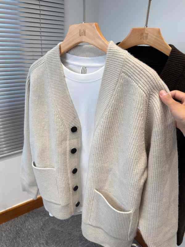 Knit Sweater - カーディガン メンズ 前開き 羽織り 秋冬 厚手 Vネック ニット 無地 ポケット 韓国 長袖 カジュアル