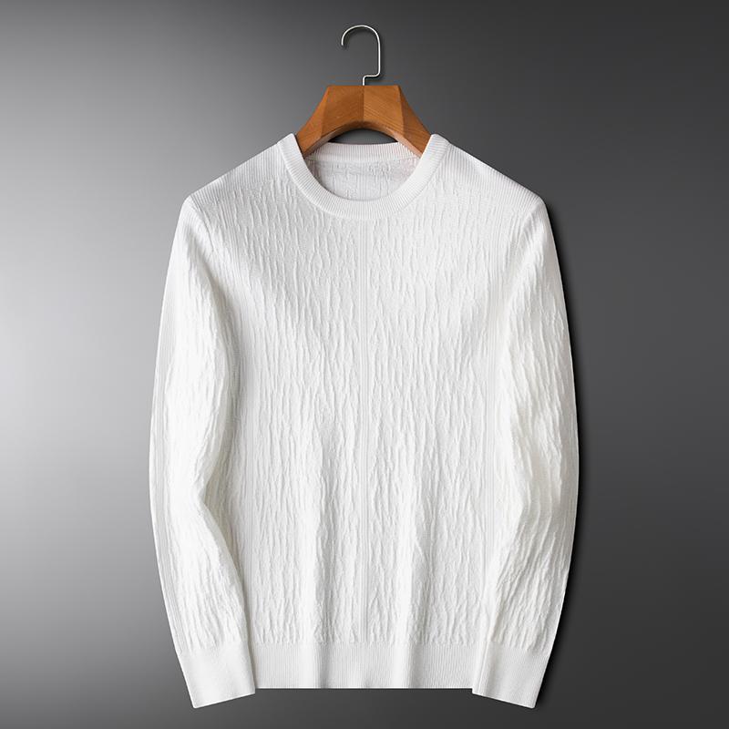 Crew Neck - ニット メンズ おしゃれ 長袖 秋冬 クルーネック ジャカード シンプル 無地 スリムフィット ミルクホワイト カジュアル