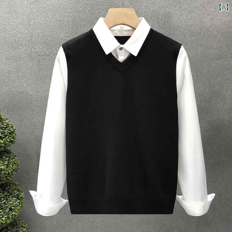 V-Neck - ニット メンズ おしゃれ 長袖 薄手 秋冬 シャツ襟 レイヤード風 ビジネス カジュアル トップス Vネック シンプル