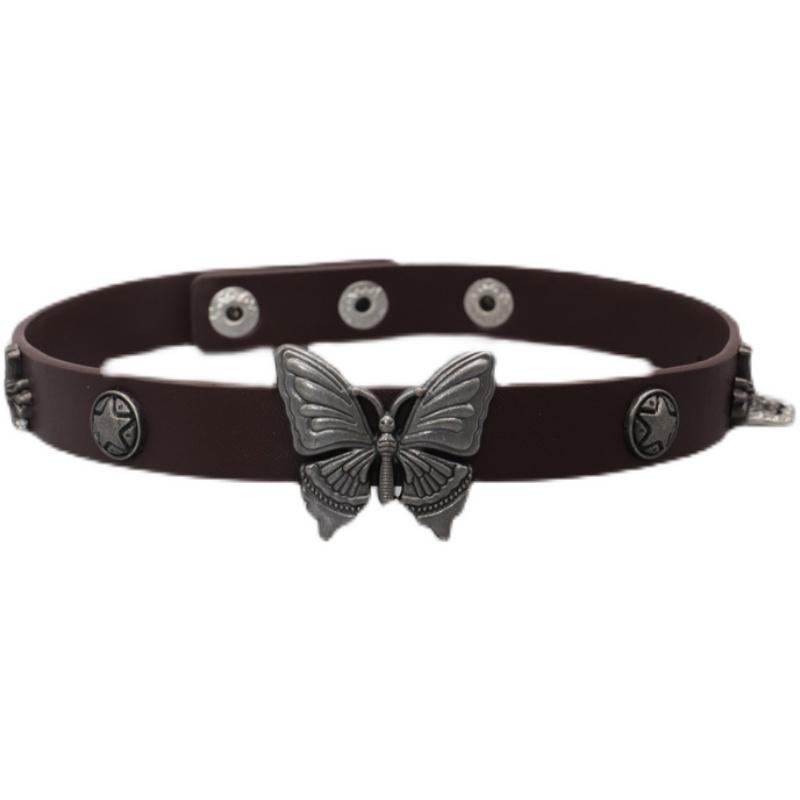 チョーカー レディース おしゃれ フェイクレザー 蝶モチーフ スター ストーン ヴィンテージ風 ギャル 甘辛系 首元アクセ 重ね付け風