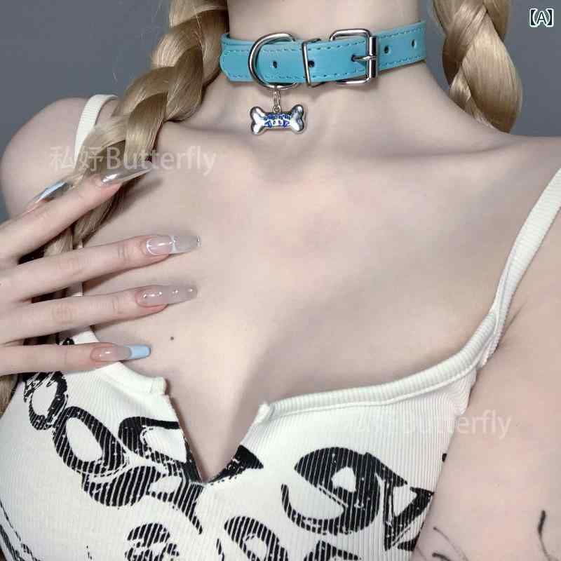 チョーカー レディース おしゃれ ブルー 小犬 骨型 ペンダント フェイクレザー パンク かわいい 首飾り