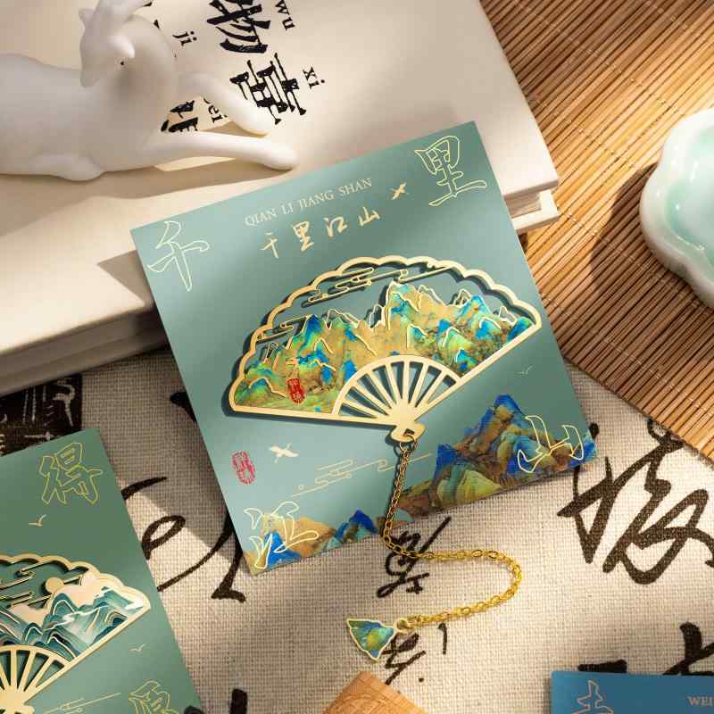 しおり 金属 おしゃれ レトロ チャイナ風 ブックマーク 先生 ギフト 学生 卒業 お祝い お土産 透け チェーン 揺れる 扇子 山 景色 おうち時間 読書 金...