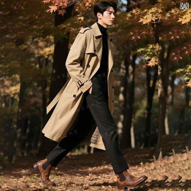 Trench Coat - トレンチコート メンズ おしゃれ 大人 春秋 ロング丈 英国風 ダブルボタン スリム シンプル カジュアル アウター ビジネス 通勤 スタイリッシュ
