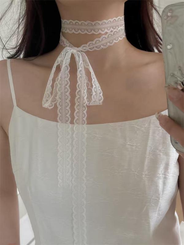 ネックレス レディース おしゃれ 白 レース 細め リボン 飾り 風 リボン チョーカー マフラー 重ね付け 可愛い フェミニン 首元 アクセサリー