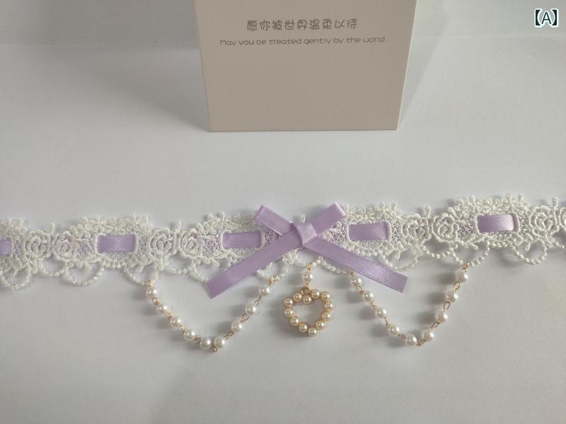 チョーカー レディース おしゃれ ホワイト パール ハート レース リボン ロリータ 可愛い 系 手作り アクセサリー