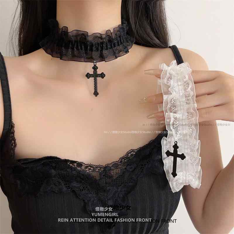 チョーカー レディース おしゃれ 黒 白 レース 花柄 クロス 十字架 ペンダント フリル ゴシック ハロウィン 首元アクセサリー 可愛い フェミニン