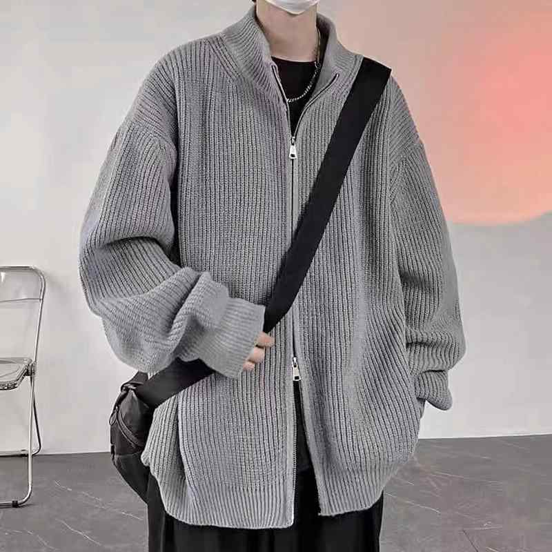 カーディガン メンズ カジュアル おしゃれ 羽織り 前開き グレー 秋冬 リブ ニット ジップアップ シン..