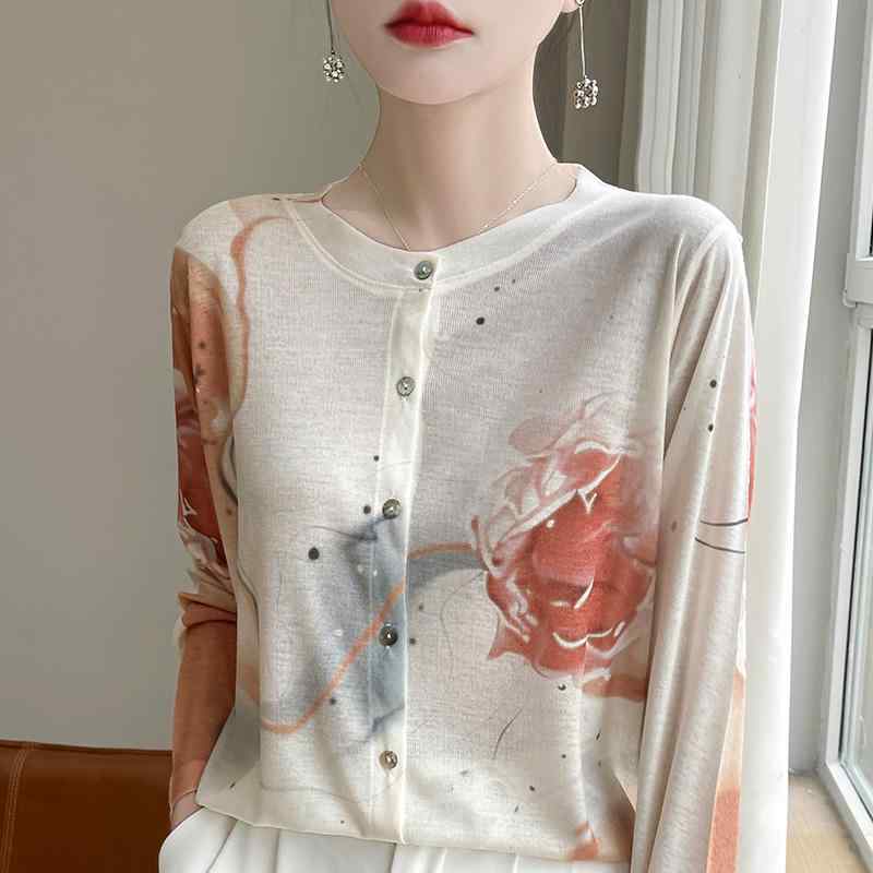 Three-Quarter Knit - カーディガン レディース きれいめ 大人 オフィス おしゃれ ラウンドネック 薄手 夏 タイダイ柄 花柄 日焼け防止 ニット 上品 ゆったり 長袖 開襟 羽織り