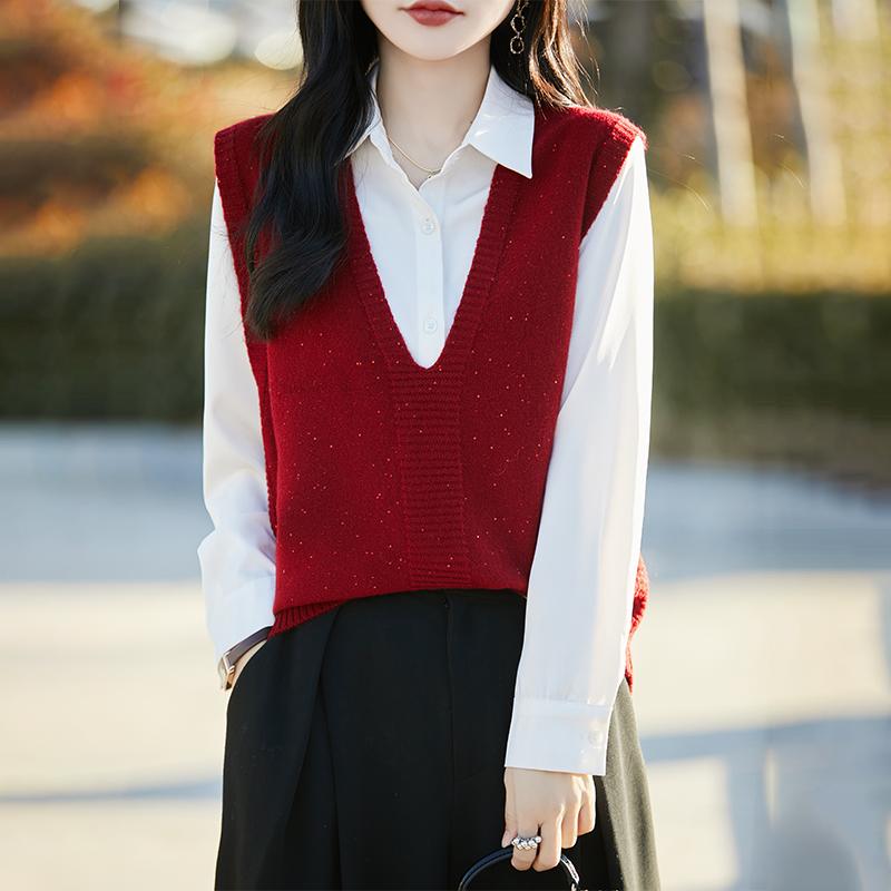 Long-Sleeved Knit - ニットベスト レディース きれいめ 大人 オフィス おしゃれ きらきら ディープVネック 重ね着風