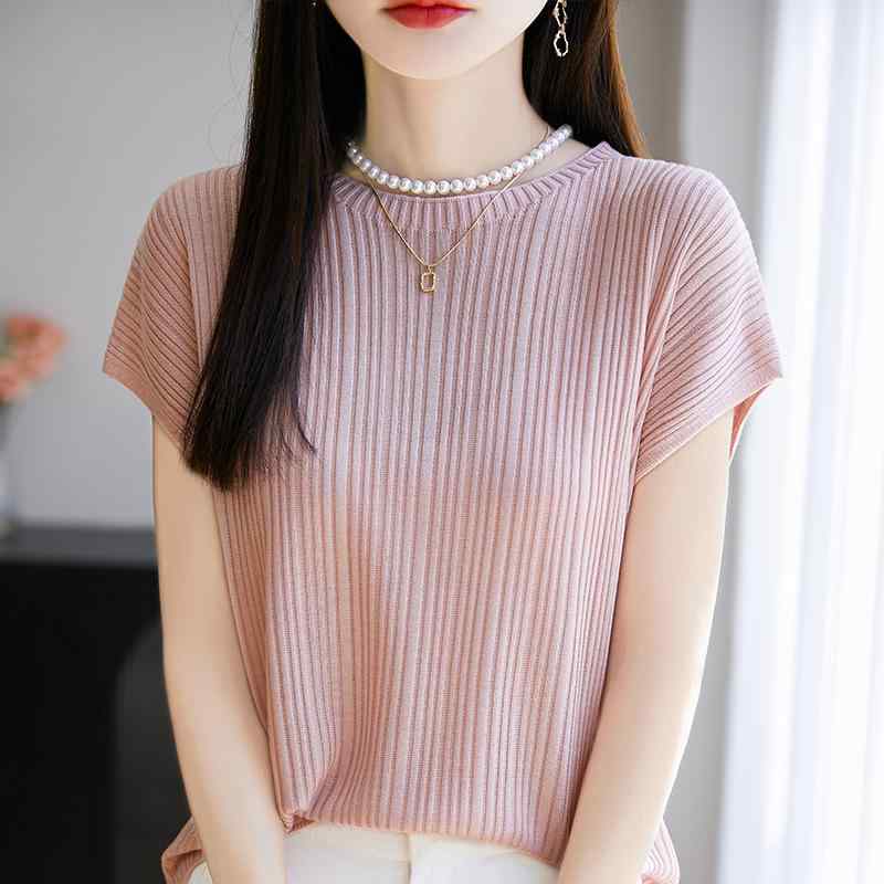 Tシャツ レディース きれいめ 大人 オフィス おしゃれ 半袖 ピンク ラウンドネック ニット リブ 夏 ゆったり カジュアル 体型カバー