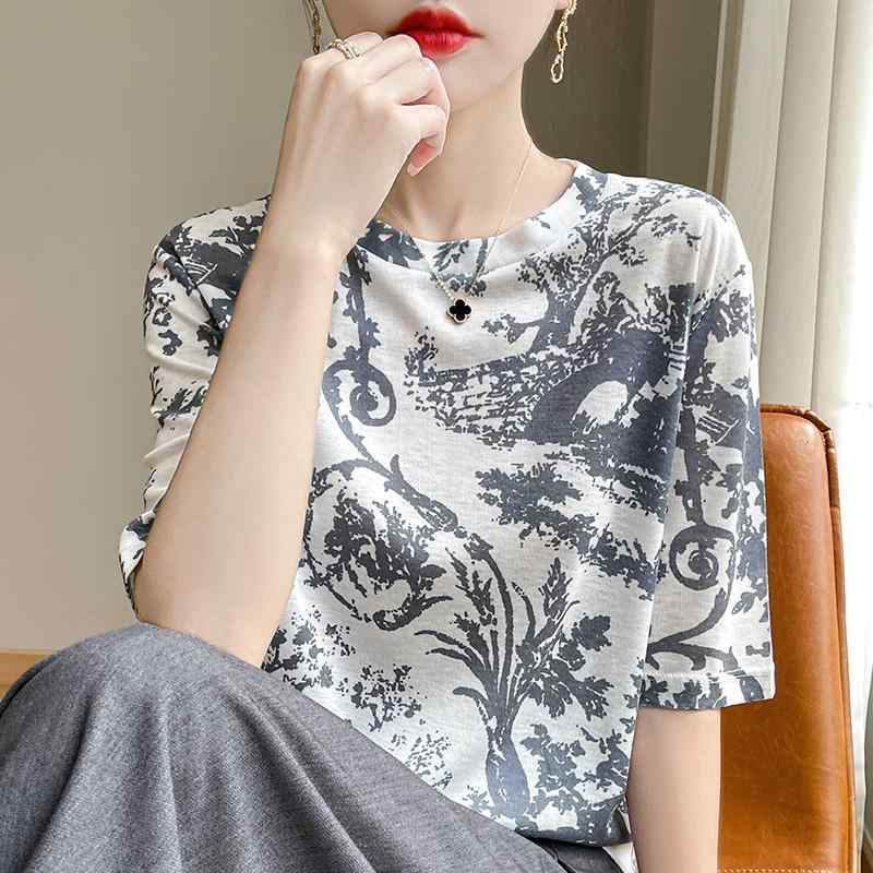 Tシャツ レディース きれいめ 大人 オフィス おしゃれ ラウンドネック プリント ニット 半袖 トップス 春夏 シンプル