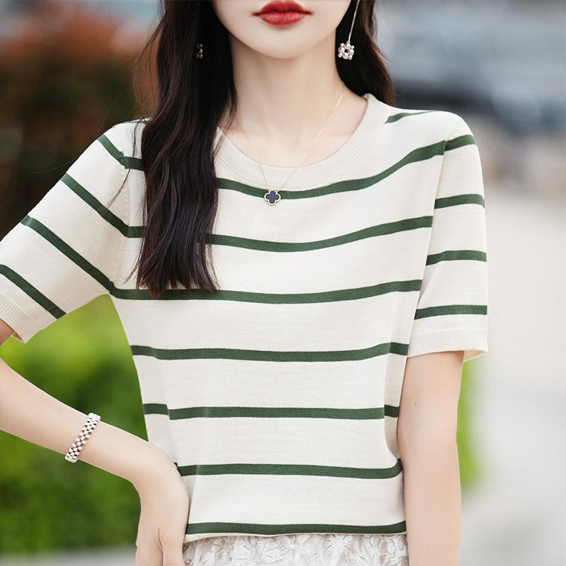 Three-Quarter Knit - Tシャツ レディース きれいめ 大人 オフィス おしゃれ 春夏 薄手 半袖 ボーダー 柄 ストライプ ラウンドネック トップス 涼しい 快適 カジュアル