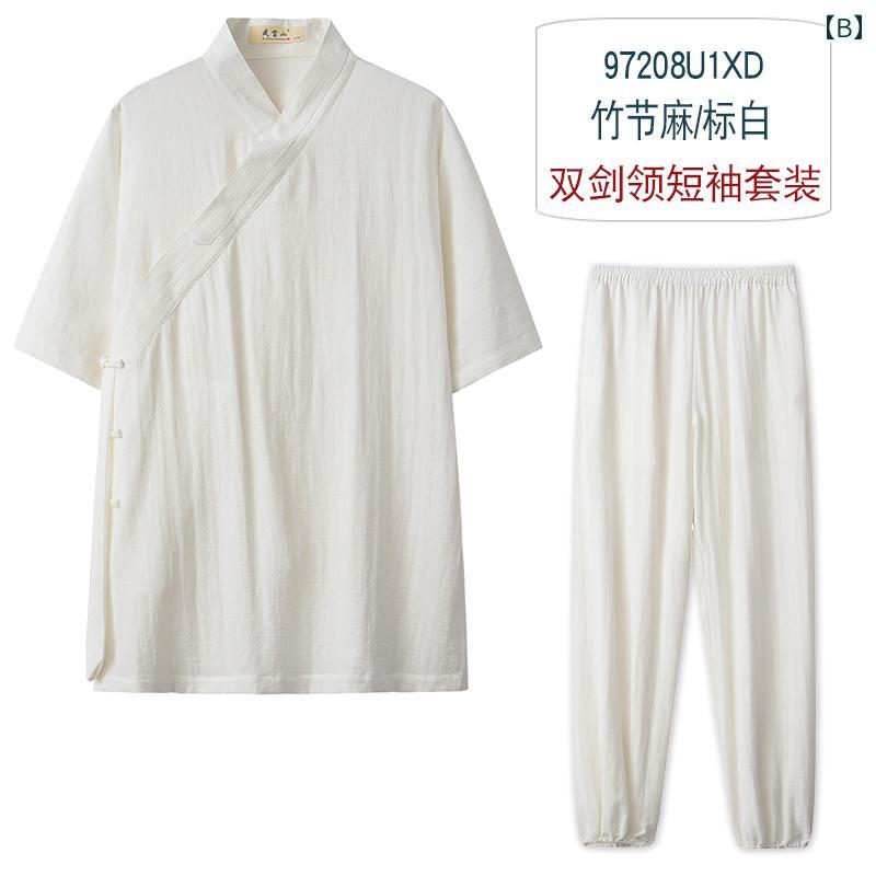 中国 衣装 道士服 ローブ パンツ セットアップ 大人 メンズ レディース 大きいサイズ リネン 長袖 半袖 薄手 通気性 柔らかい ゆったり ポケット チャイナボタン 法衣 経衣 武術 太極拳 カンフー 演劇 舞台 ステージ 演出 撮影 紺 白 黒 3