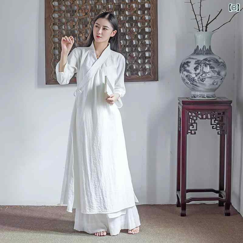 中国 衣装 道士服 ローブ パンツ セットアップ 大人 レディース コットン リネン 法衣 経衣 仏教 禅 コスプレ 仮装 ハロウィン 演劇 舞台 ステージ 演出 コスチューム 写真 撮影 パーティー イベント エレガント 白 3