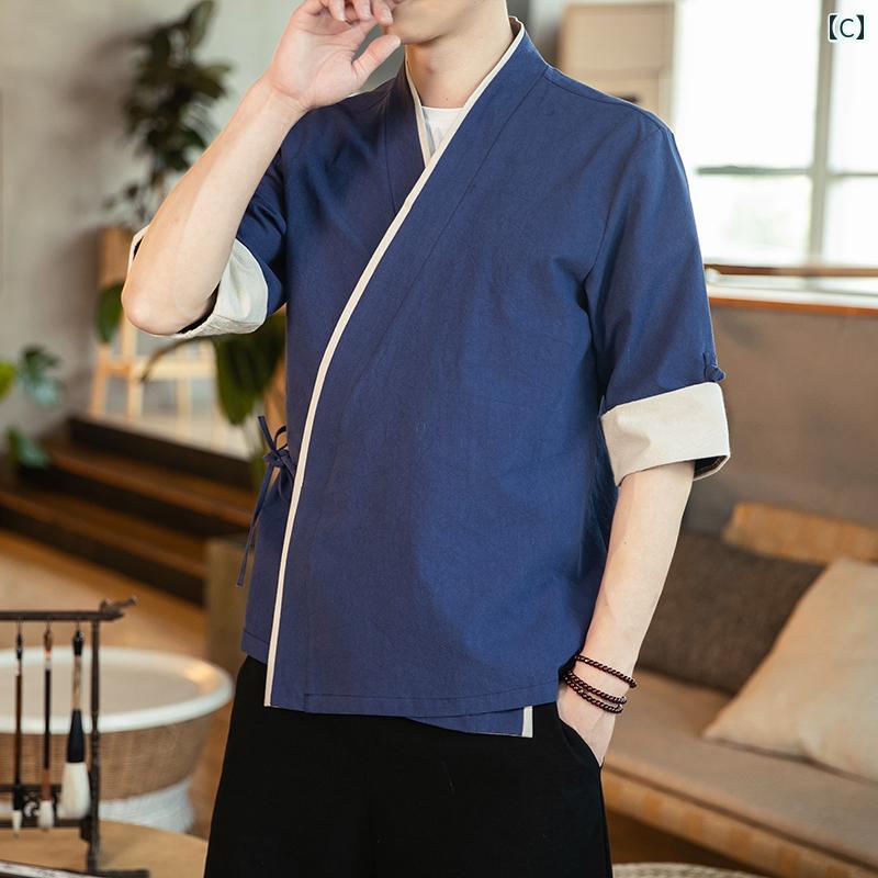 中国 衣装 道士服 トップス 大人 メンズ 大きいサイズ 長袖 半袖 柔らかい ゆったり 前開き チャイナボタン カンフー 法衣 経衣 おしゃれ シンプル カジュアル レトロ モダン エスニック アジアン 禅 民族風 唐装 中国風 紺 黒 ワインレッド