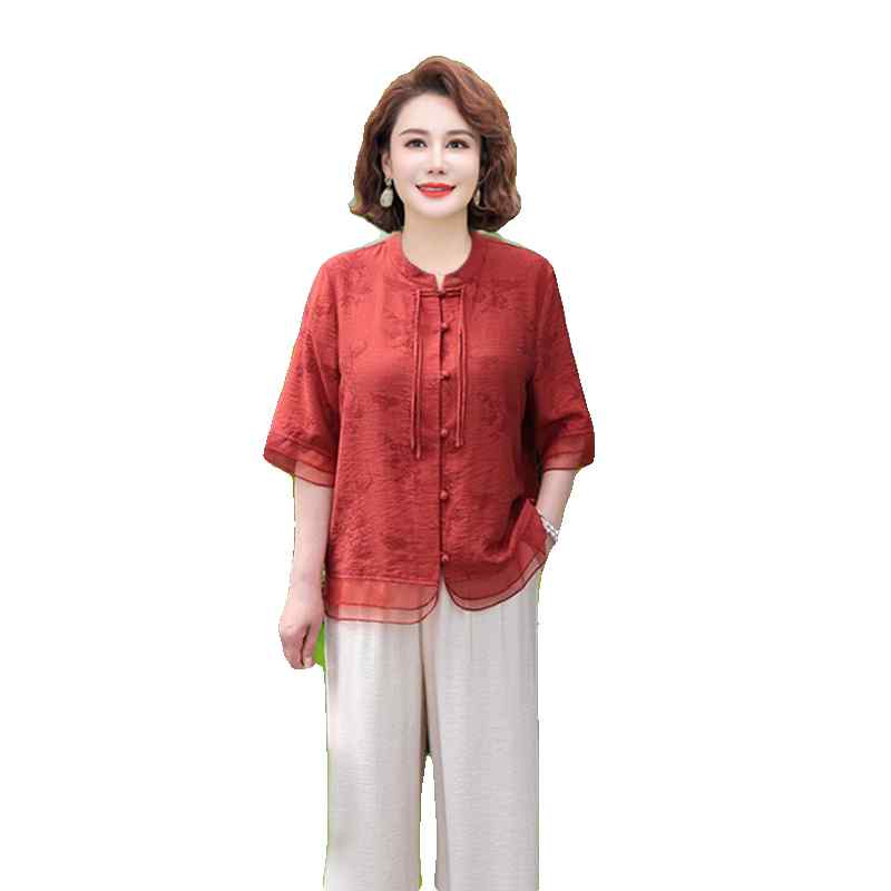 セットアップ レディース おしゃれ シニア 婦人服 60代 夏 薄手 上品 中国風 トップス パンツ 5分袖 ゆったり ミセス 体型カバー 涼しい 上下セット frontop-13138611 フロントップ楽天市場店 パッケージ画像
