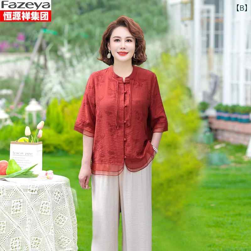 セットアップ レディース おしゃれ シニア 婦人服 60代 夏 薄手 上品 中国風 トップス パンツ 5分袖 ゆったり ミセス 体型カバー 涼しい 上下セット frontop-13138611 フロントップ楽天市場店 サンプル画像3