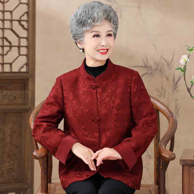 乐天商城 - ジャケット レディース おしゃれ シニア 婦人服 60代 赤 長袖 唐装 中国風 中国風 チャイナ風 結婚式 お祝い フォーマル 上品 春秋 敬老日 ギフト