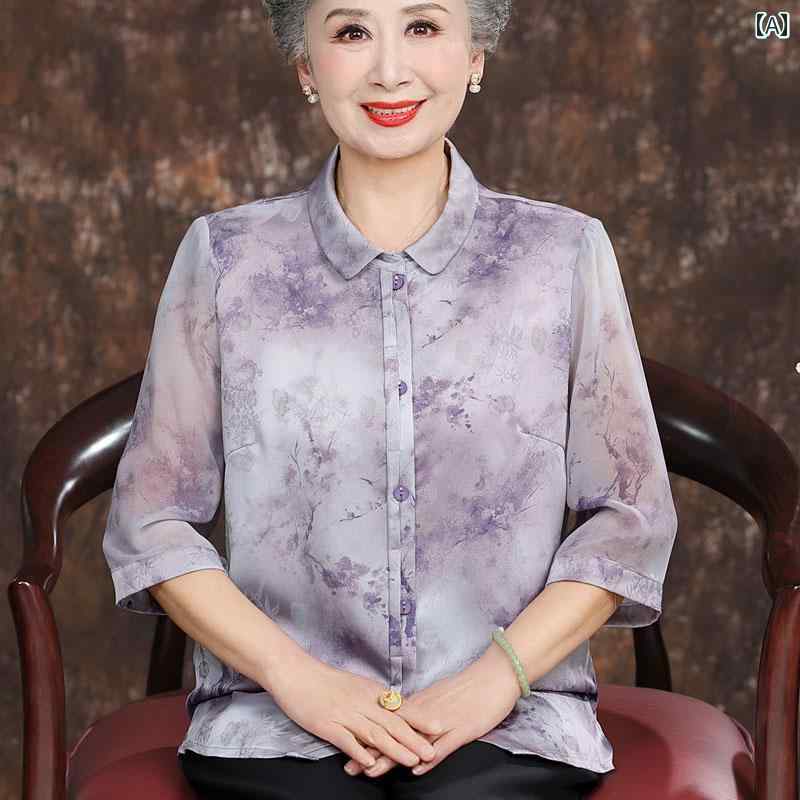 シャツ レディース おしゃれ シニア 婦人服 60代 夏 半袖 中華風 シフォン 袖 上品 花柄 グレー 紫 年配用 襟 frontop-13138870 フロントップ楽天市場店 サンプル画像2