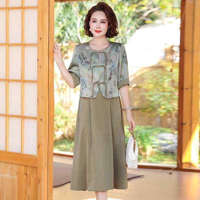 セットアップ レディース おしゃれ シニア 婦人服 60代 夏 中国風 ジャケット 半袖 ワンピース 上品 エレガント 花柄 母親 ミセス 体型カバー ゆったり