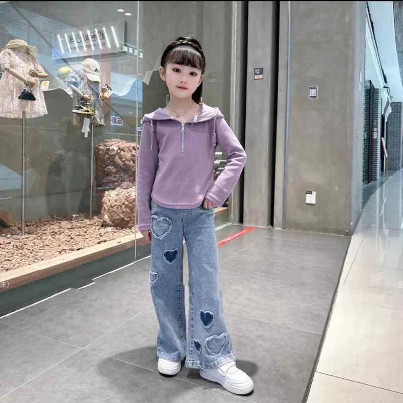 セットアップ 女の子 キッズ 子供 かわいい カジュアル 春秋 フード パーカー デニムパンツ ワイドパンツ ハート柄 洋風 おしゃれ