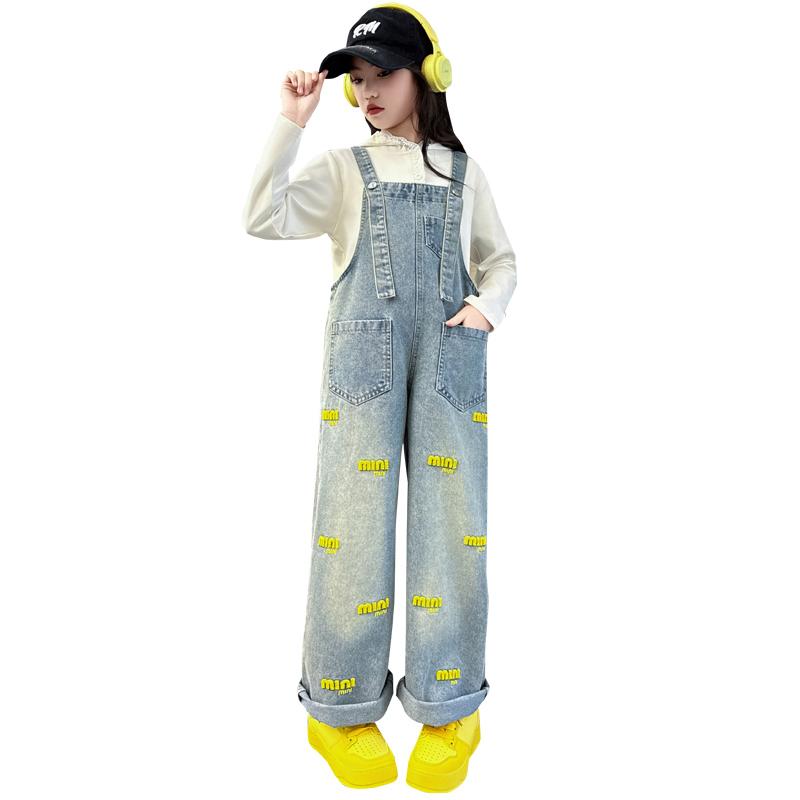 サロペット 女の子 キッズ 子供 かわいい 長ズボン カジュアル デニム 春 ワイド ゆったり ハート ロゴ..