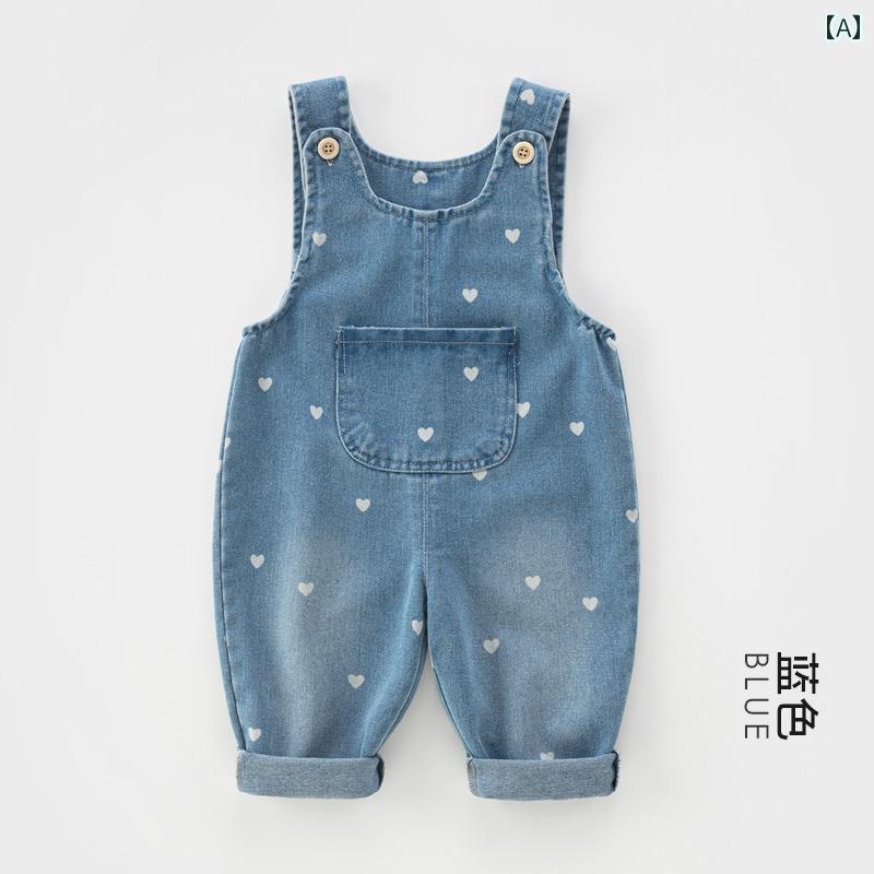 サロペット 女の子 キッズ 子供 かわいい カジュアル ベビー デニム 春秋 ハート柄 おしゃれ 1歳 2歳 3歳 着やすい 洋風 オールインワン