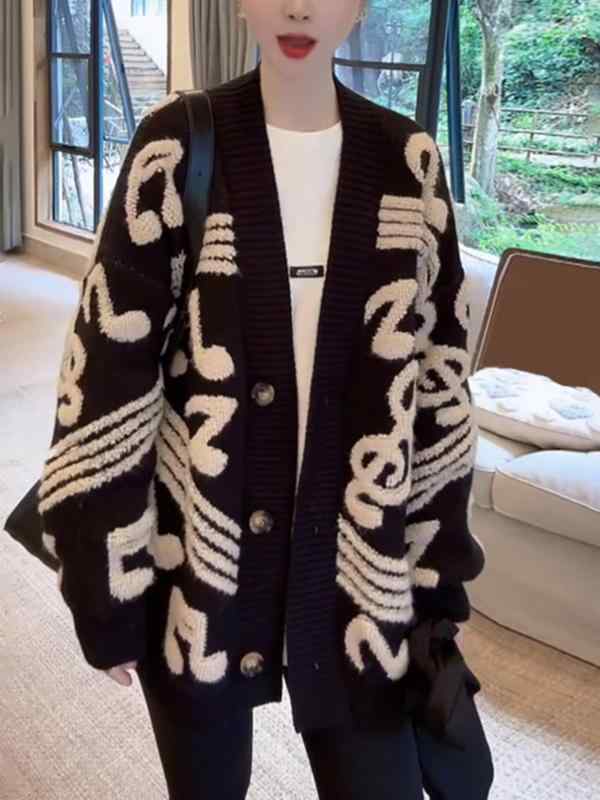 カーディガン レディース おしゃれ カジュアル 羽織り 大きいサイズ ゆったり 秋 ニット 長袖 体型カバー 柄 視覚効果 着痩せ(4)