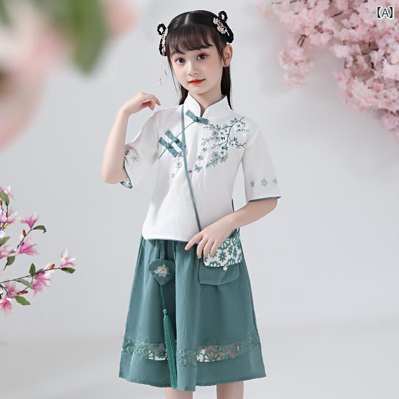 フロントップ楽天市場店の漢服 キッズ ジュニア 女の子 チャイナ風 かわいい セットアップ 半袖 スカート ポシェット ウエストゴム スタンドカラー 花 刺繍 タッセル 薄手 コスプレ ダンス 発表会 ステージ 舞台 写真撮影 イベント パーティー 衣装 緑 ピンク｜アングル2