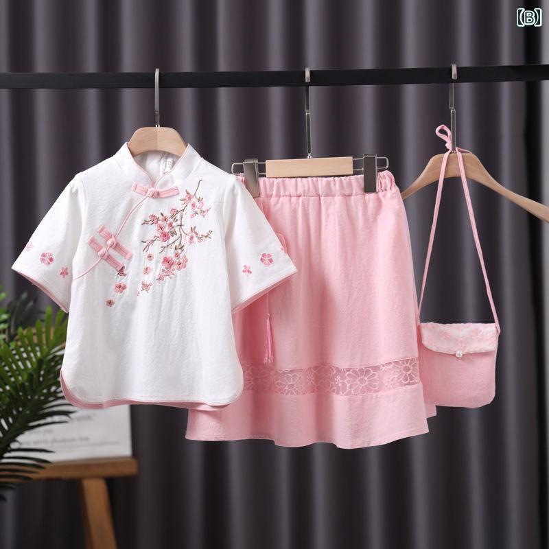 フロントップ楽天市場店の漢服 キッズ ジュニア 女の子 チャイナ風 かわいい セットアップ 半袖 スカート ポシェット ウエストゴム スタンドカラー 花 刺繍 タッセル 薄手 コスプレ ダンス 発表会 ステージ 舞台 写真撮影 イベント パーティー 衣装 緑 ピンク｜アングル3