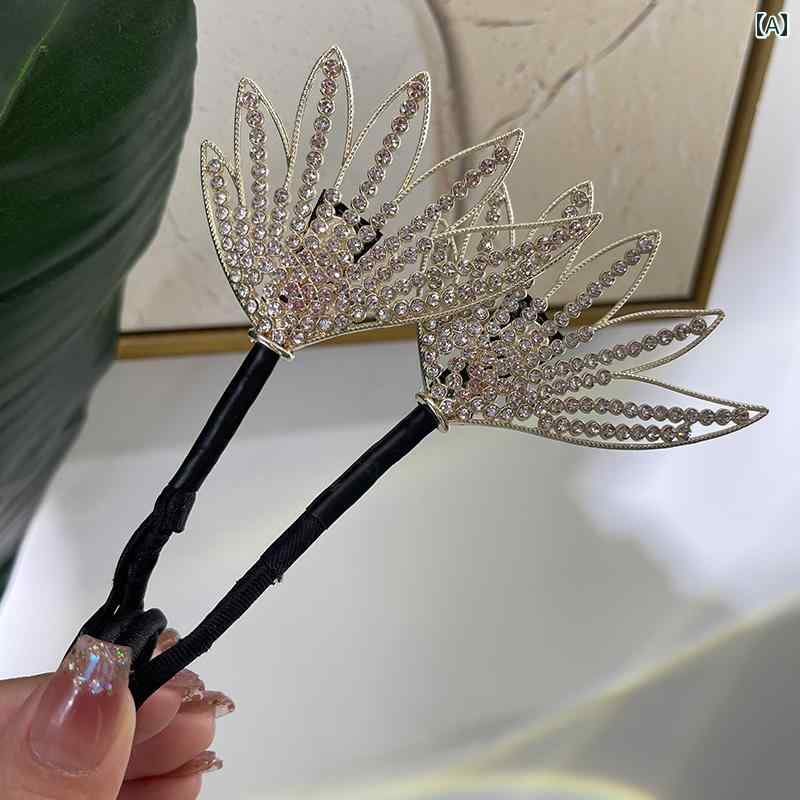 ヘアアクセサリー レディース 中国風 レトロ 捻じれる 髪飾り お団子 アレンジ 装飾 小物 キラキラ ビーズ ラインストーン エレガント おしゃれ 黒 ゴールド 楓 2
