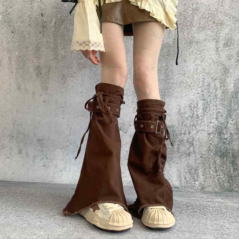 レッグウォーマー レッグカバー レディース おしゃれ カジュアル 細見え 防寒 ブラウン Y2K デニム ワイド 変形 ひも 個性 派手 コスプレ ロング 脚カ...