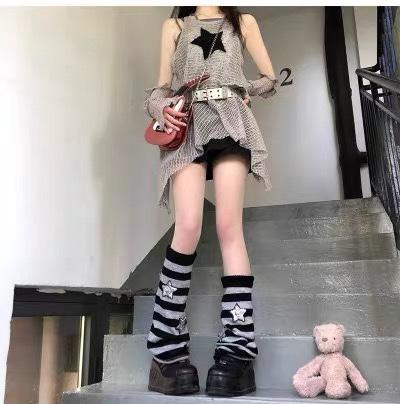 レッグウォーマー レディース おしゃれ カジュアル 細見え 防寒 ストライプ 星柄 y2k フレア サブカル 学生 コスプレ