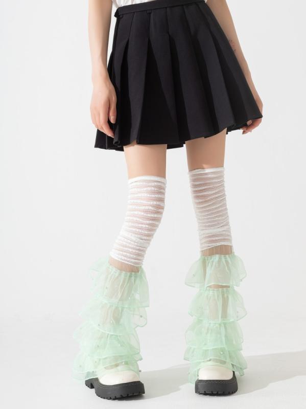 レッグウォーマー レディース おしゃれ カジュアル 細見え 防寒 白 網タイツ風 フリル チュール ふんわり ボリューム かわいい ビーズ Y2K ガーリー ストリート