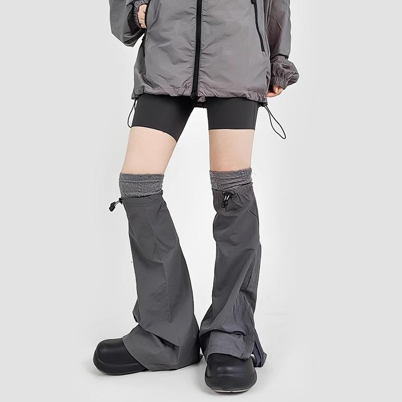 レッグウォーマー レッグカバー レディース おしゃれ カジュアル 細見え 防寒 グレー ニット 切り替え ドローストリング バイク 韓国 Y2K ミレニアル フレア ワイド