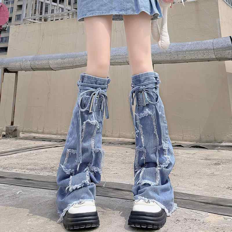 レッグウォーマー レディース おしゃれ カジュアル 細見え 防寒 ブルー ウォッシュド デニム 十字架 ひも パンク ピース レッグカバー ストリート ミドル丈...