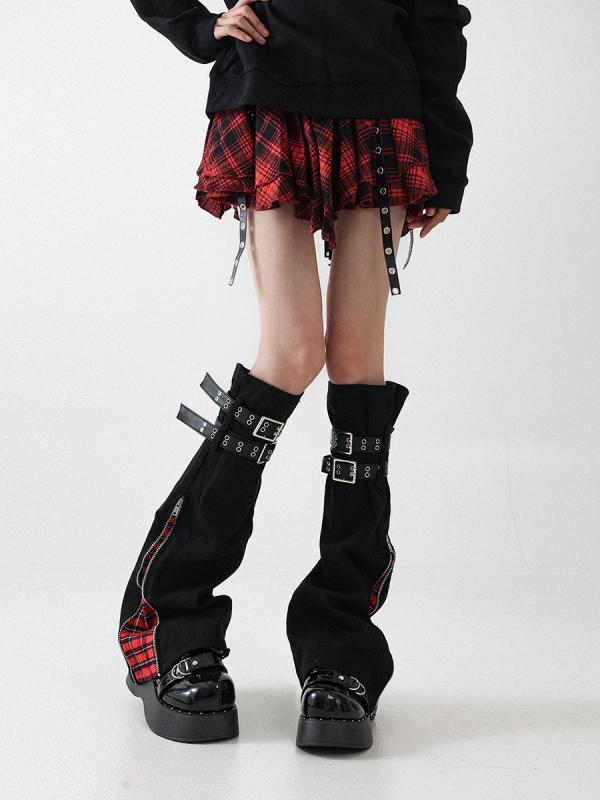 レッグウォーマー レッグカバー レディース おしゃれ カジュアル 細見え 防寒 チェック柄 フレア ストリート 細見え ひも 目立つ ダンス バックル