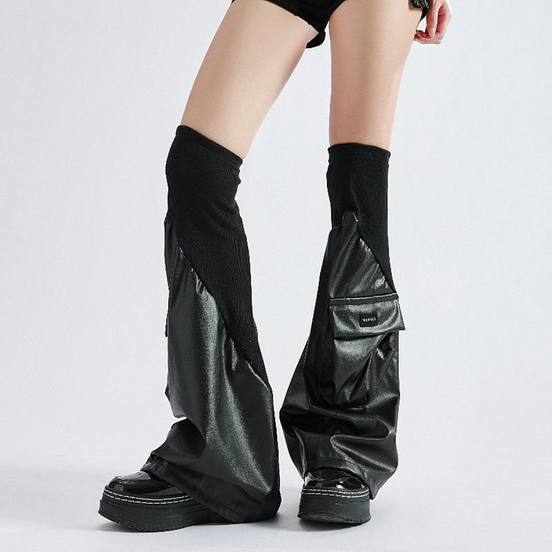 レッグウォーマー レッグカバー レディース おしゃれ カジュアル 細見え 防寒 フェイクレザー ワイド ポケット PU切替 オーバーニー Y2K バイカー風 ストリート