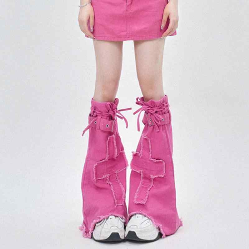 レッグウォーマー レッグカバー レディース おしゃれ カジュアル 細見え 防寒 ピンク ダメージ加工 ク..